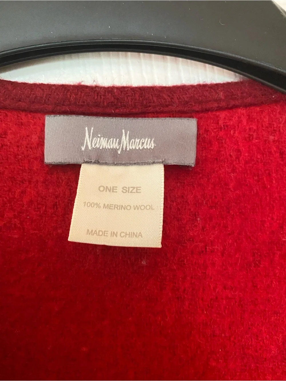Neiman Marcus Red Burgundy Merino Wool Poncho Shawl Wrap